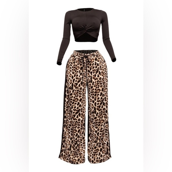 None Pants - Crop Long Sleeve Leopard Wide Leg Set - Black